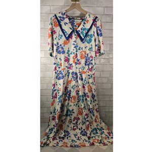 Vintage 1980s Patty O'Neil Floral Large Collard Dress Buttons Colorful Size 12